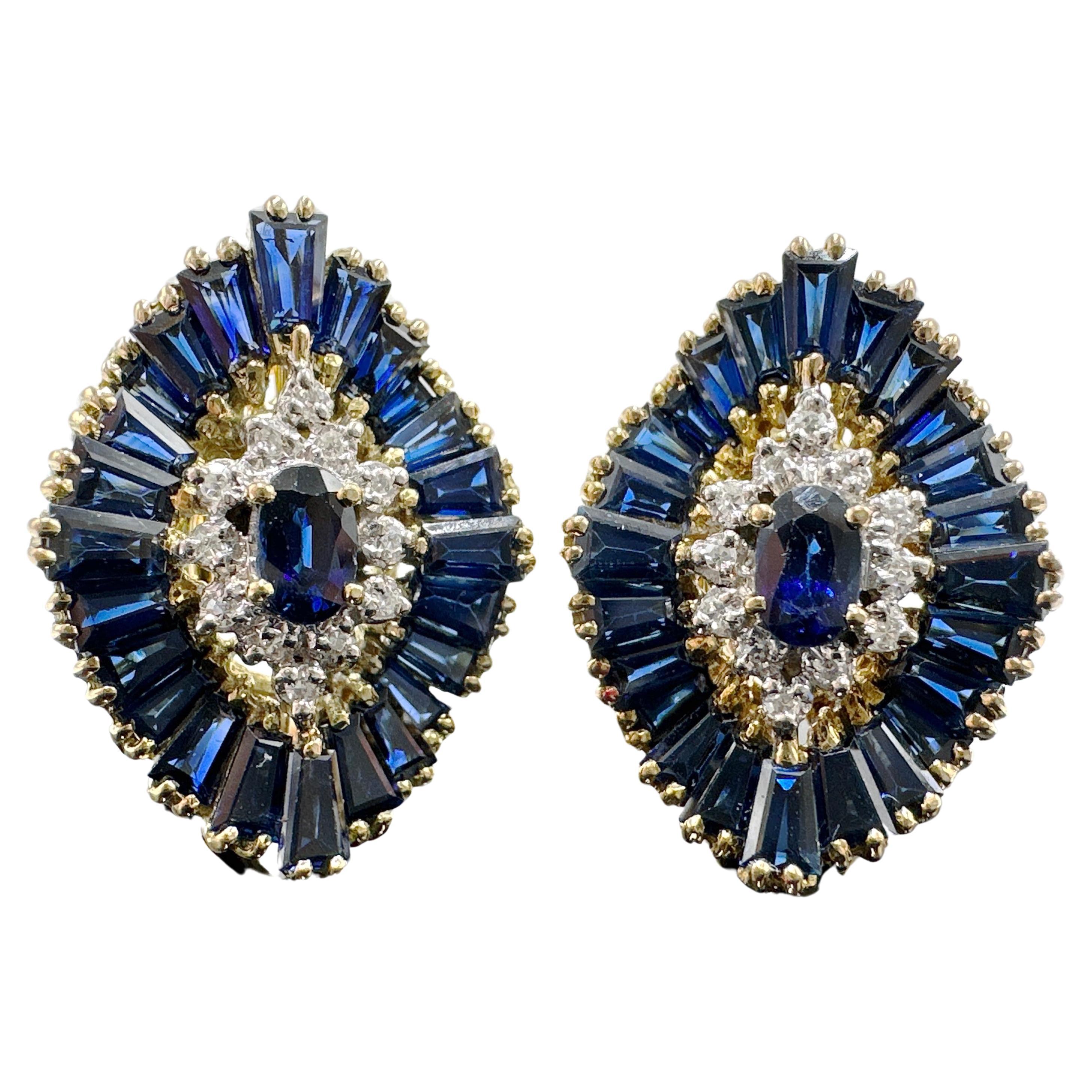 Boucles d'oreilles grappe en or jaune 18 carats, saphir bleu et diamants, 6,80 carats poids total