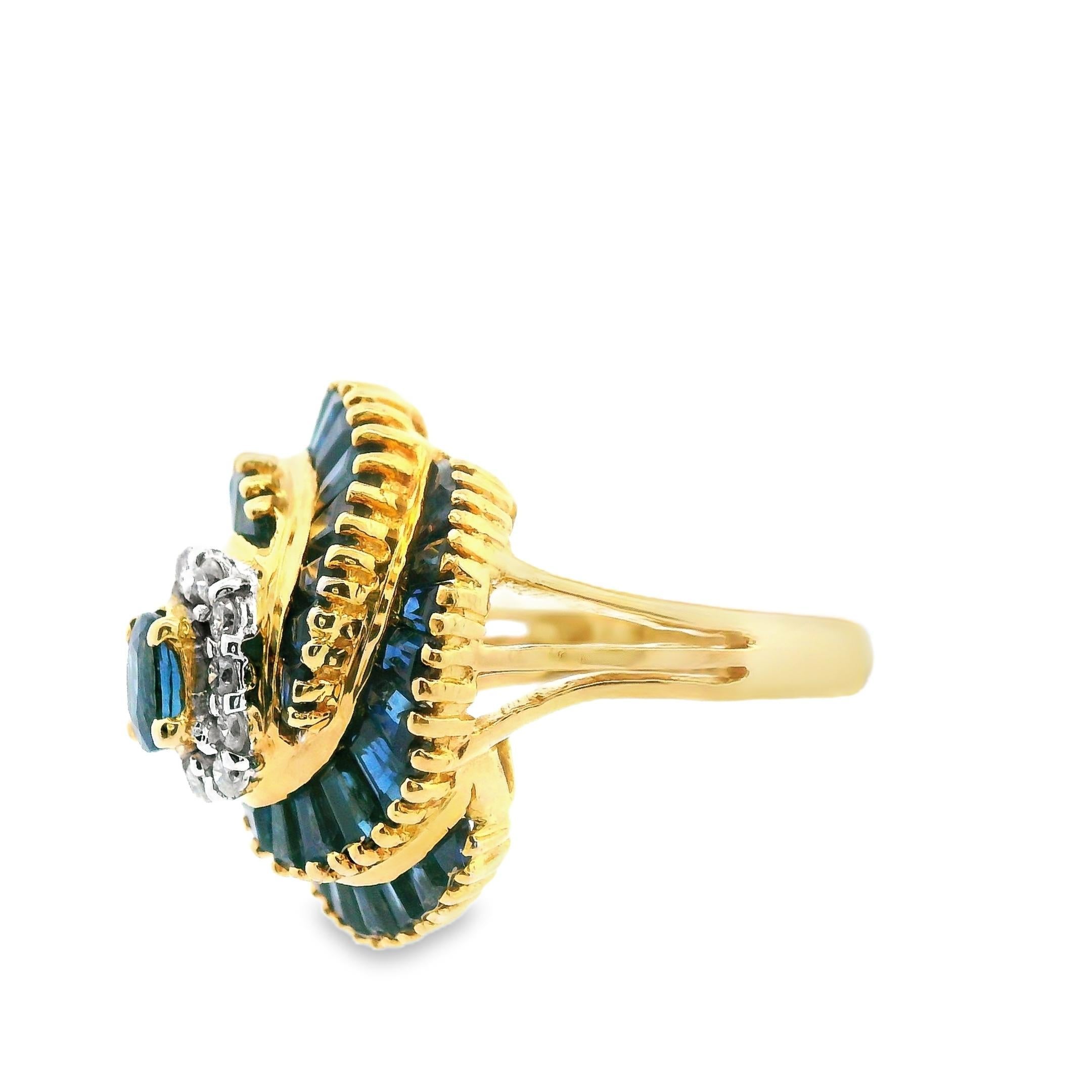 18k Yellow Gold Blue Sapphire and Diamond Ring For Sale 3