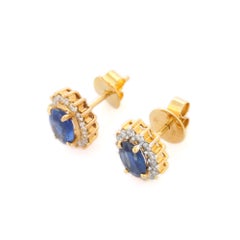 High Quality Natural Blue Sapphire & Diamond Stud Earrings in 18K Yellow Gold