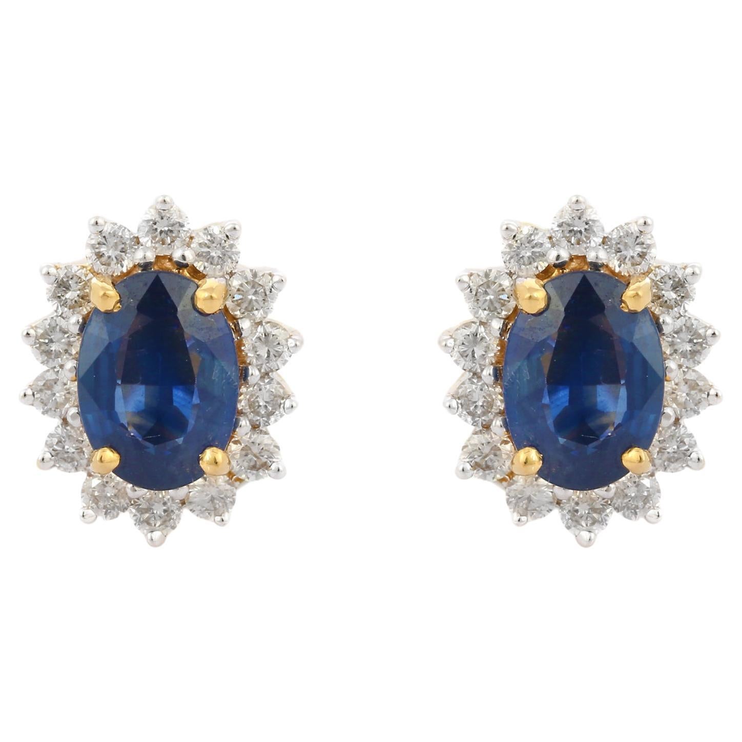 18K Yellow Gold Blue Sapphire and Diamond Stud Earrings 