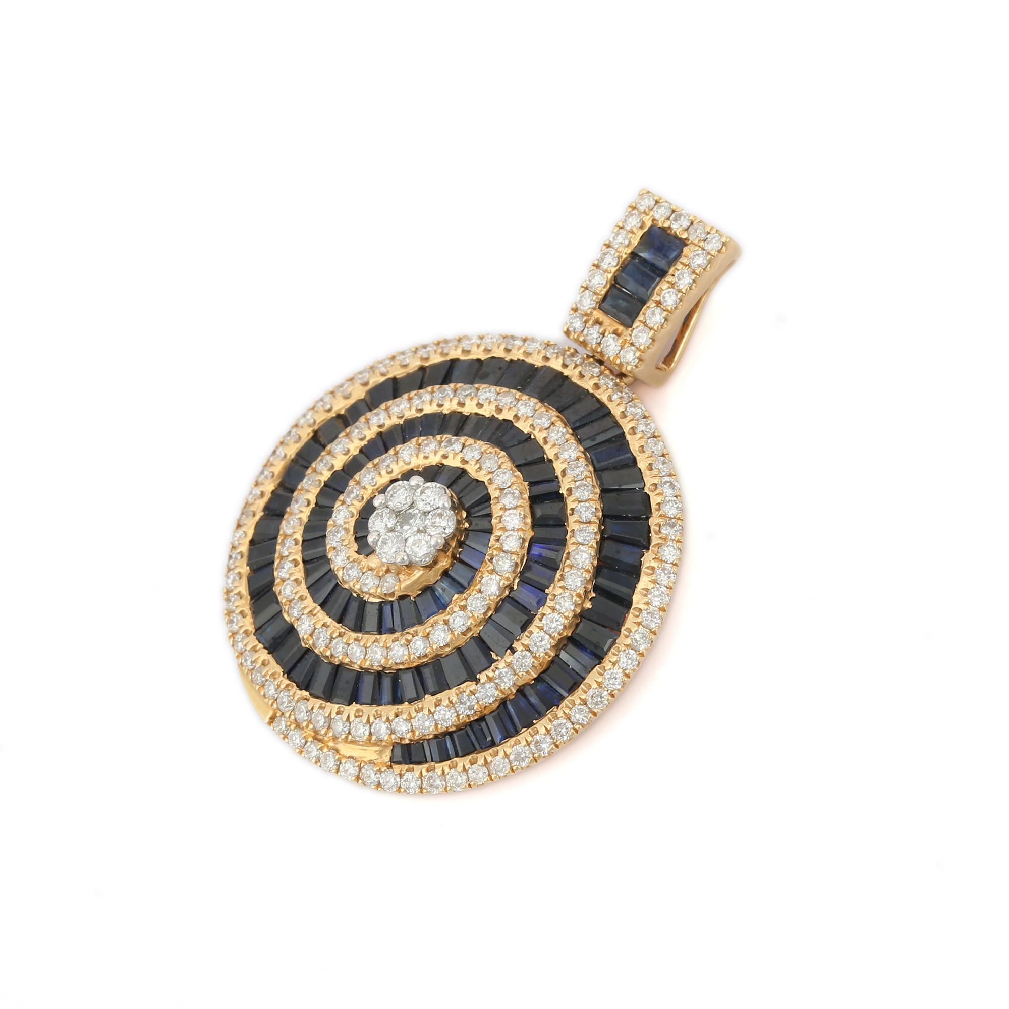 Blue Sapphire pendant in 18K Gold. It has a baguette cut gemstone studded with diamonds that completes your look with a decent touch. Pendants are used to wear or gifted to represent love and promises. It's an attractive jewelry piece that goes with