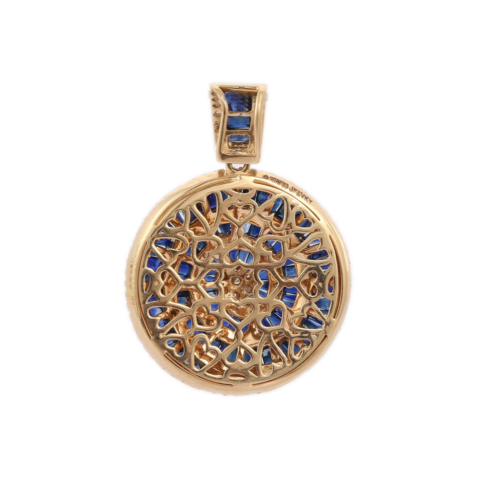 Baguette Cut 18K Yellow Gold Blue Sapphire and Diamond Wedding Pendant For Sale