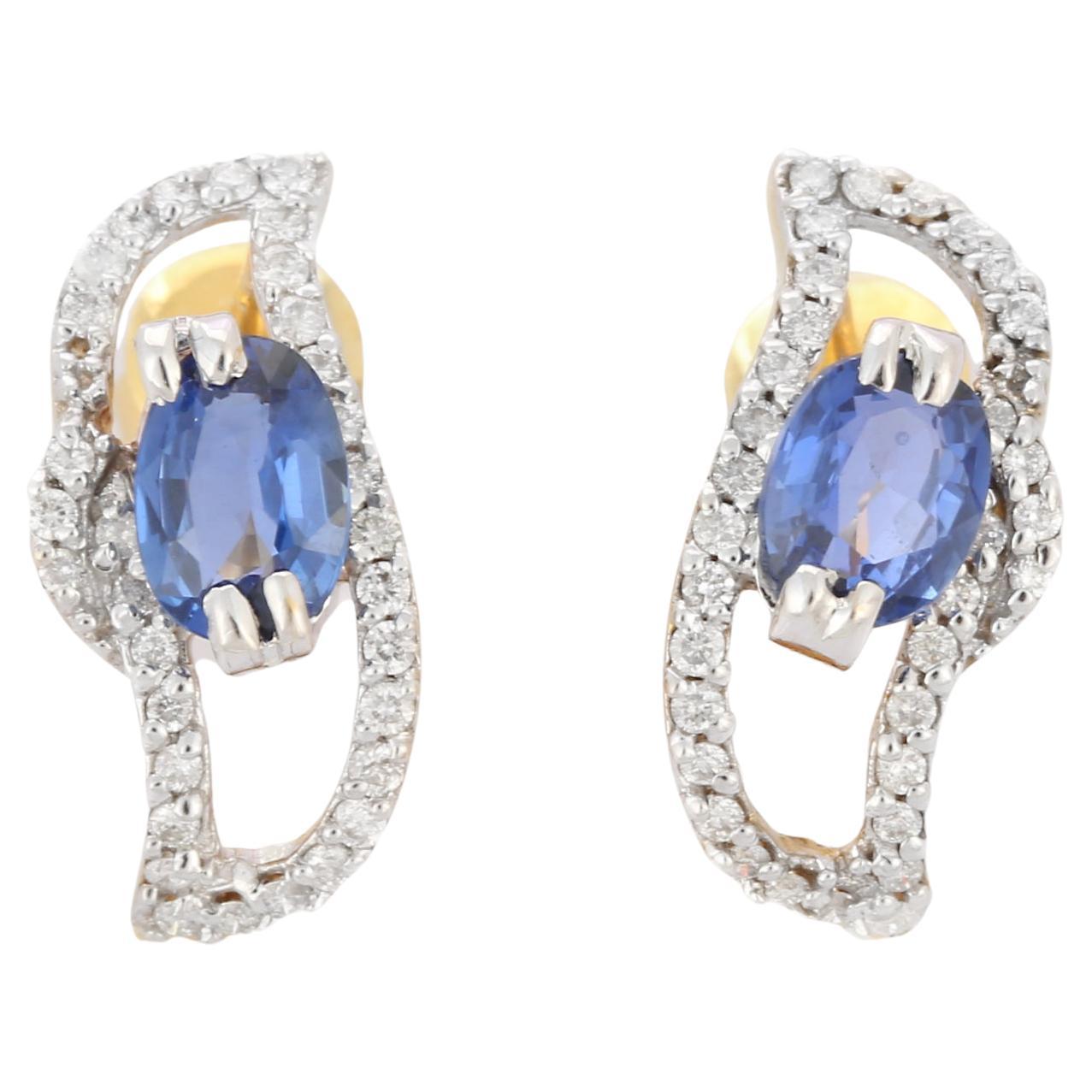 18K Yellow Gold Blue Sapphire and Diamond Wedding Stud Earrings
