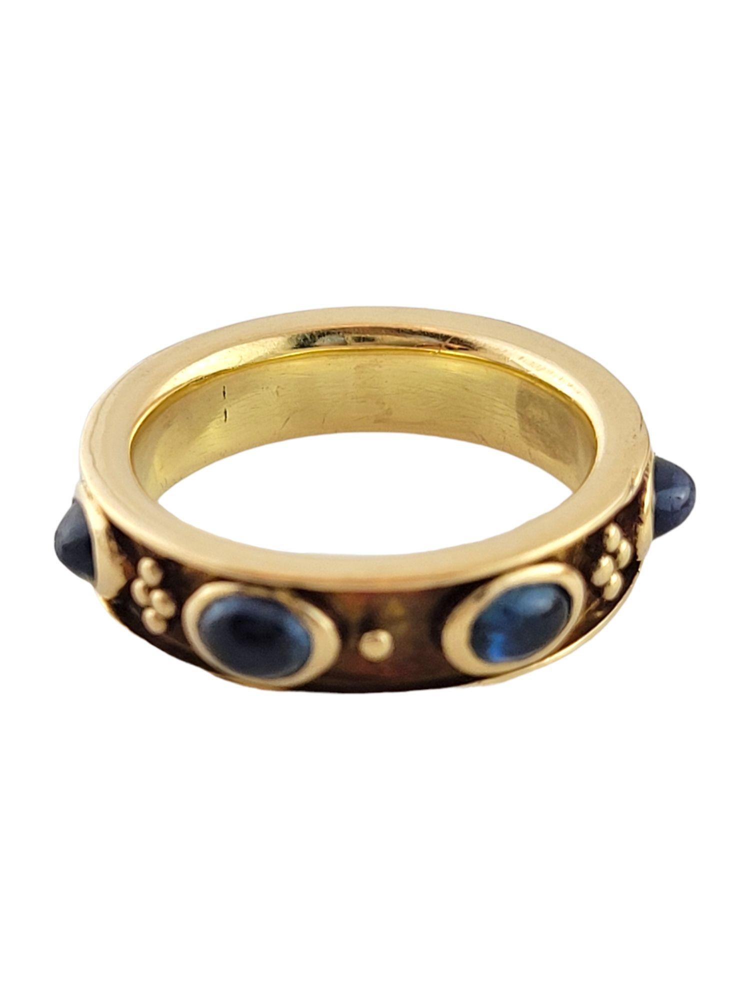 Seven gorgeous blue sapphires set in a beautiful 18K yellow gold ring!

2.24cts of natural blue sapphires

medium slightly greenish blue color, good cut

Ring size: 6.75

Shank: 5.1mm

Weight: 8.44 g/ 5.4 dwt

Hallmark: DRM 1990

Comes with JAGI
