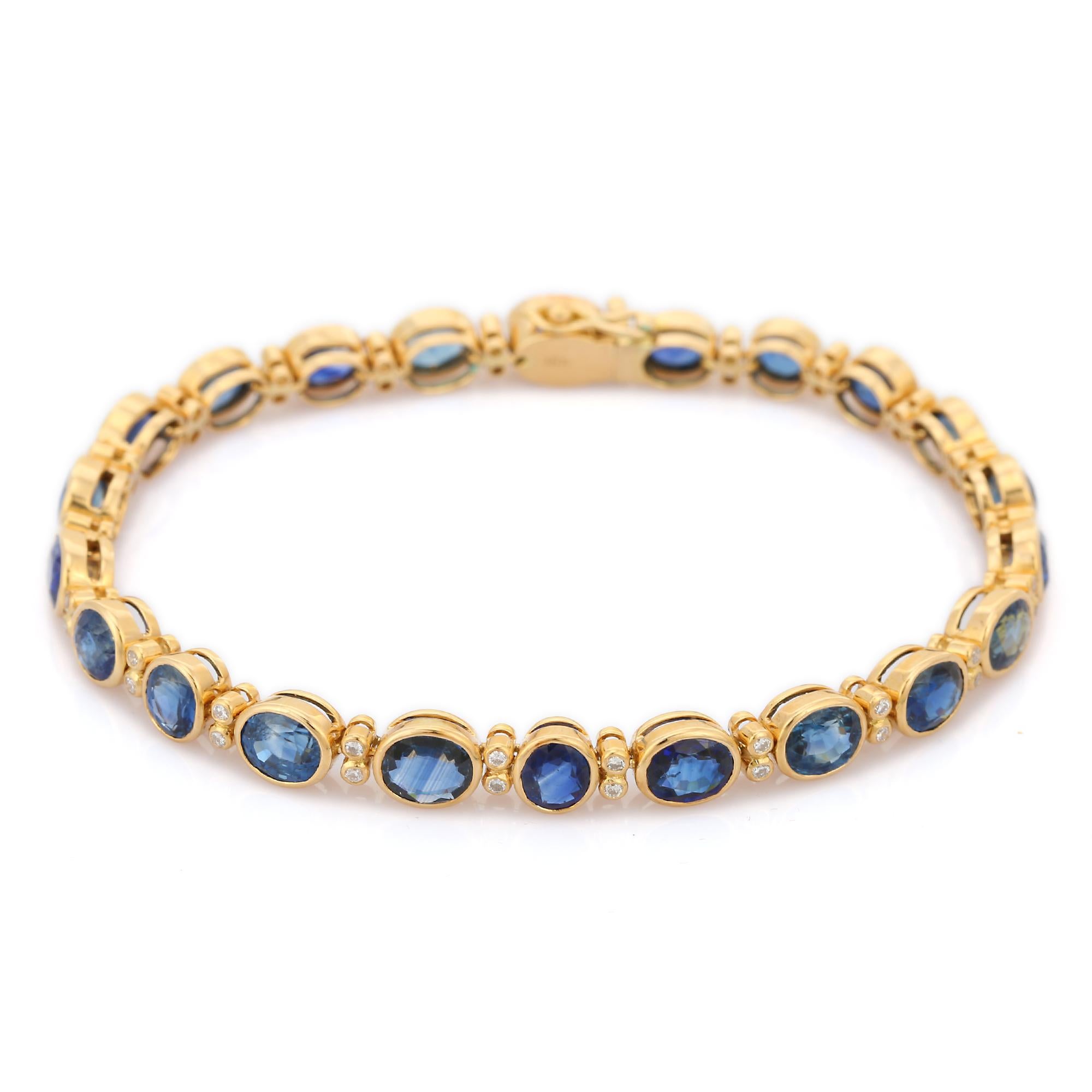 Oval Cut 18K Yellow Gold Blue Sapphire Diamond Bracelet For Sale