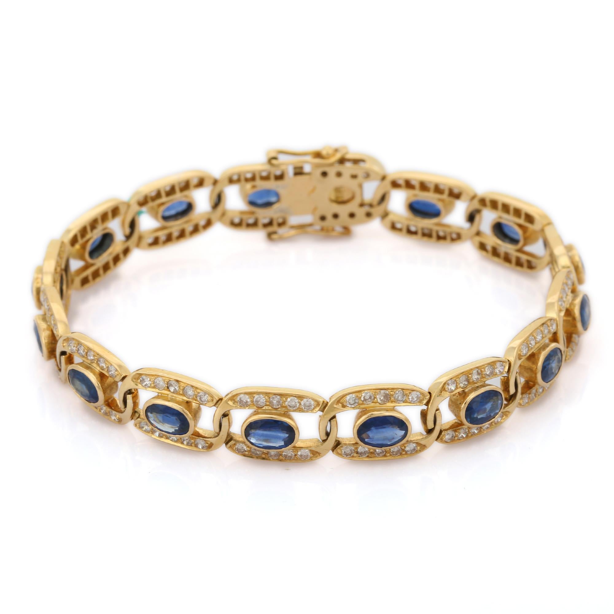 Oval Cut 18K Yellow Gold Blue Sapphire Diamond Bracelet For Sale