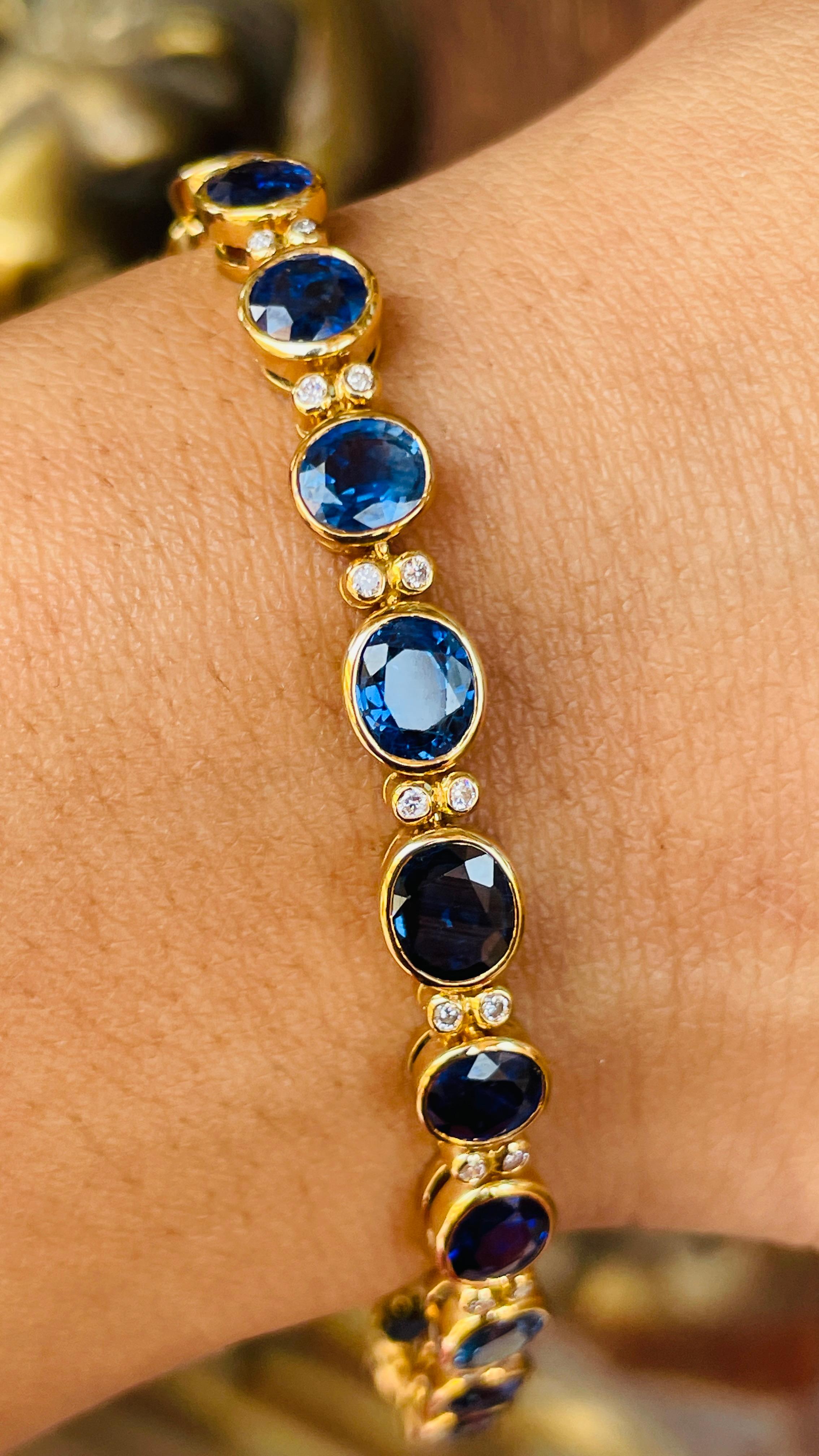 Women's 18K Yellow Gold Blue Sapphire Diamond Bracelet For Sale