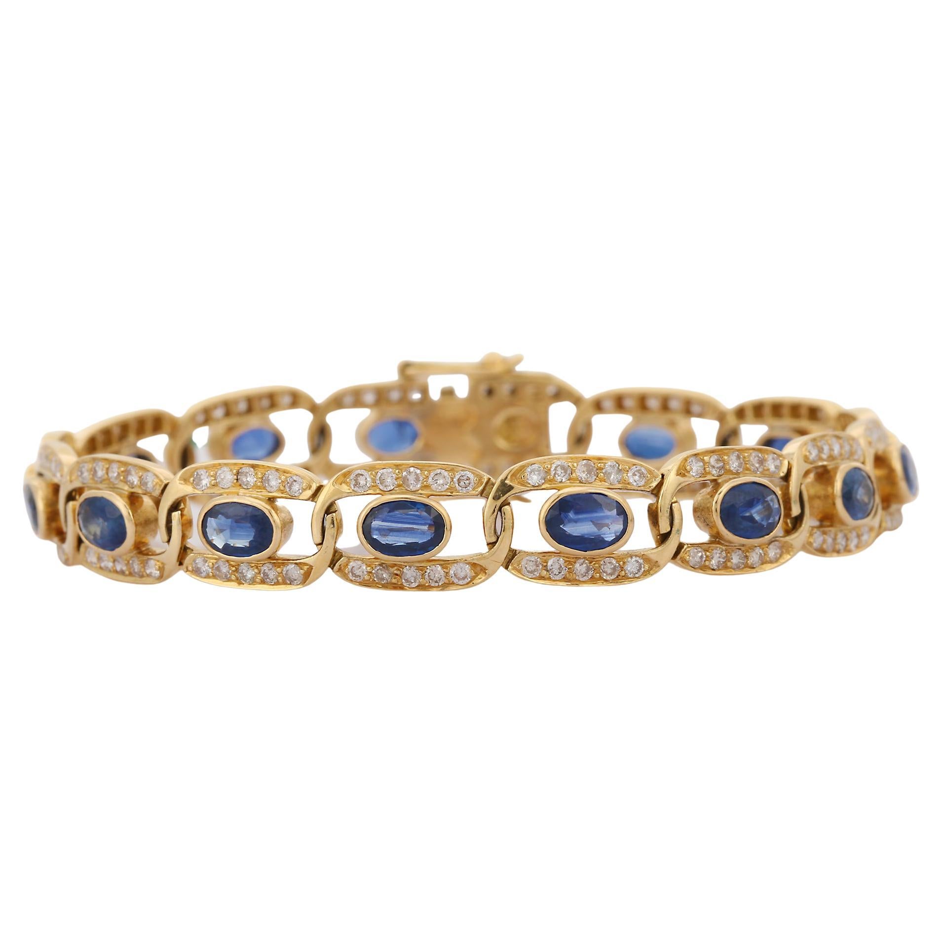 18K Yellow Gold Blue Sapphire Diamond Bracelet For Sale