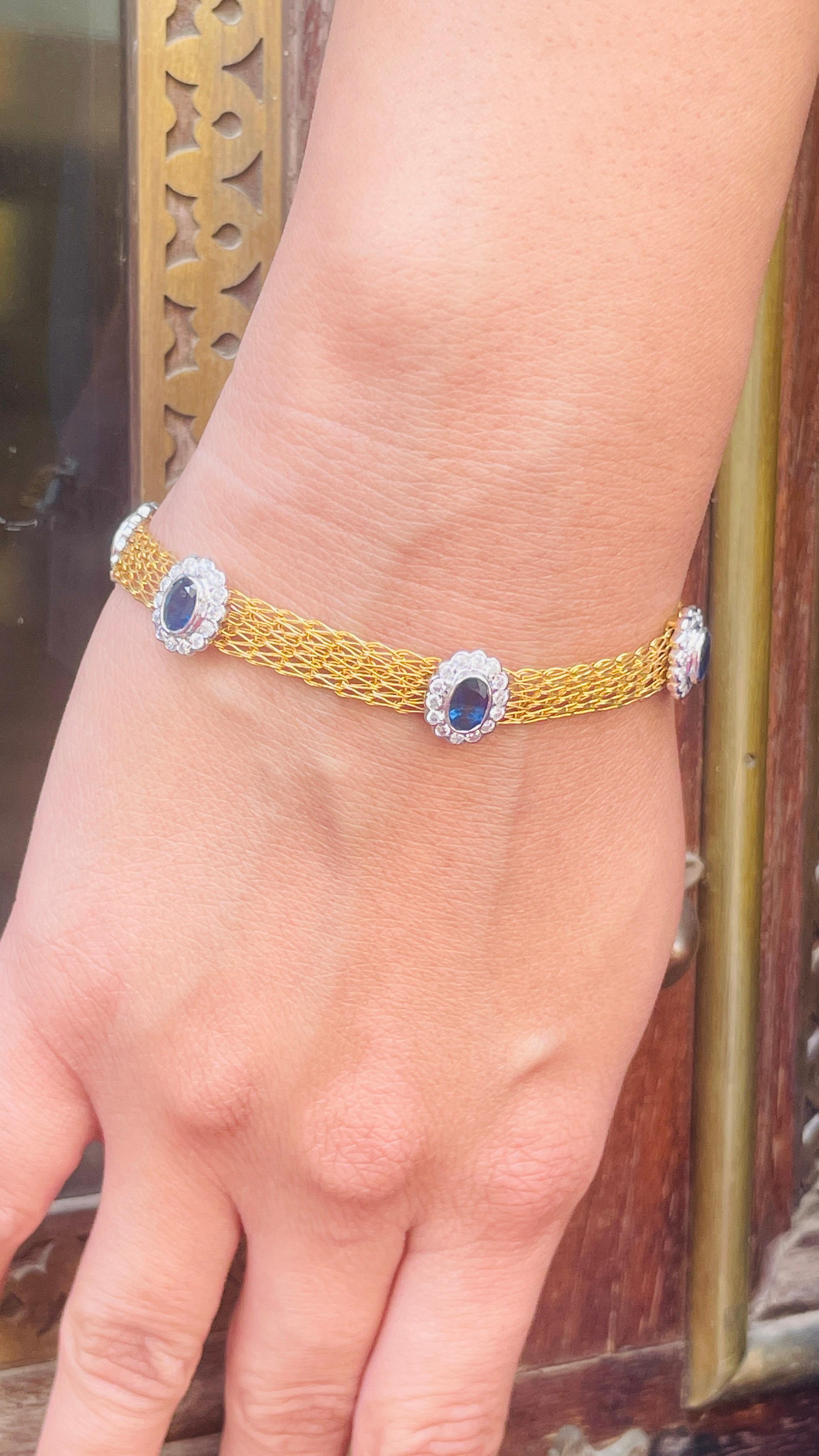 18K Yellow Gold Blue Sapphire Diamond Chain Bracelet For Sale 3