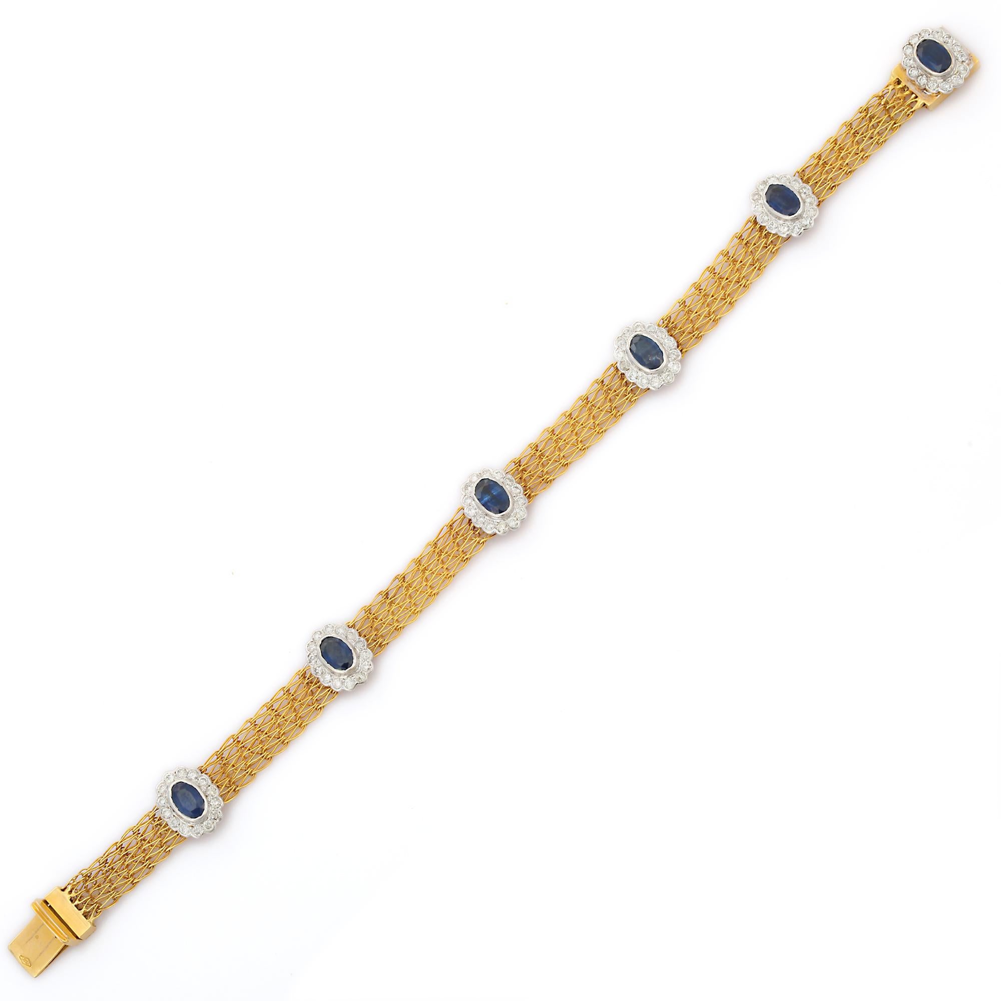 Oval Cut 18K Yellow Gold Blue Sapphire Diamond Chain Bracelet For Sale