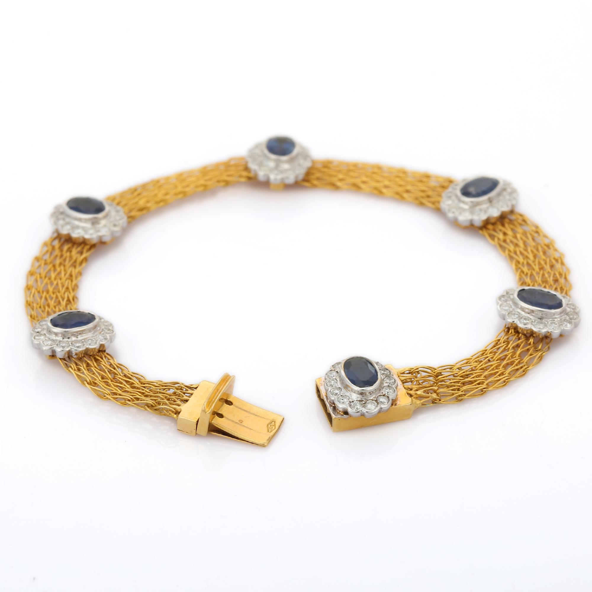 Women's 18K Yellow Gold Blue Sapphire Diamond Chain Bracelet For Sale