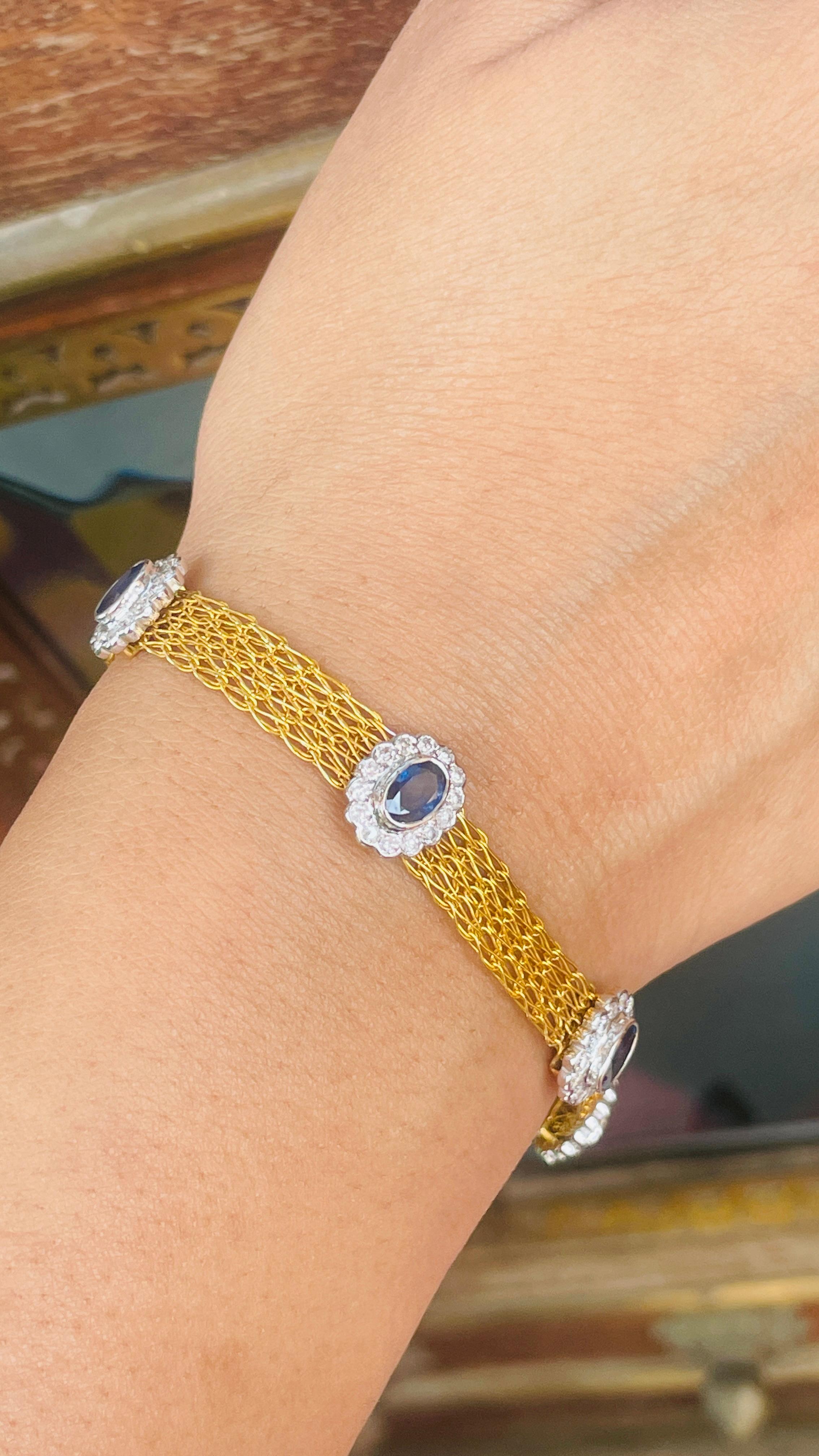 18K Yellow Gold Blue Sapphire Diamond Chain Bracelet For Sale 1