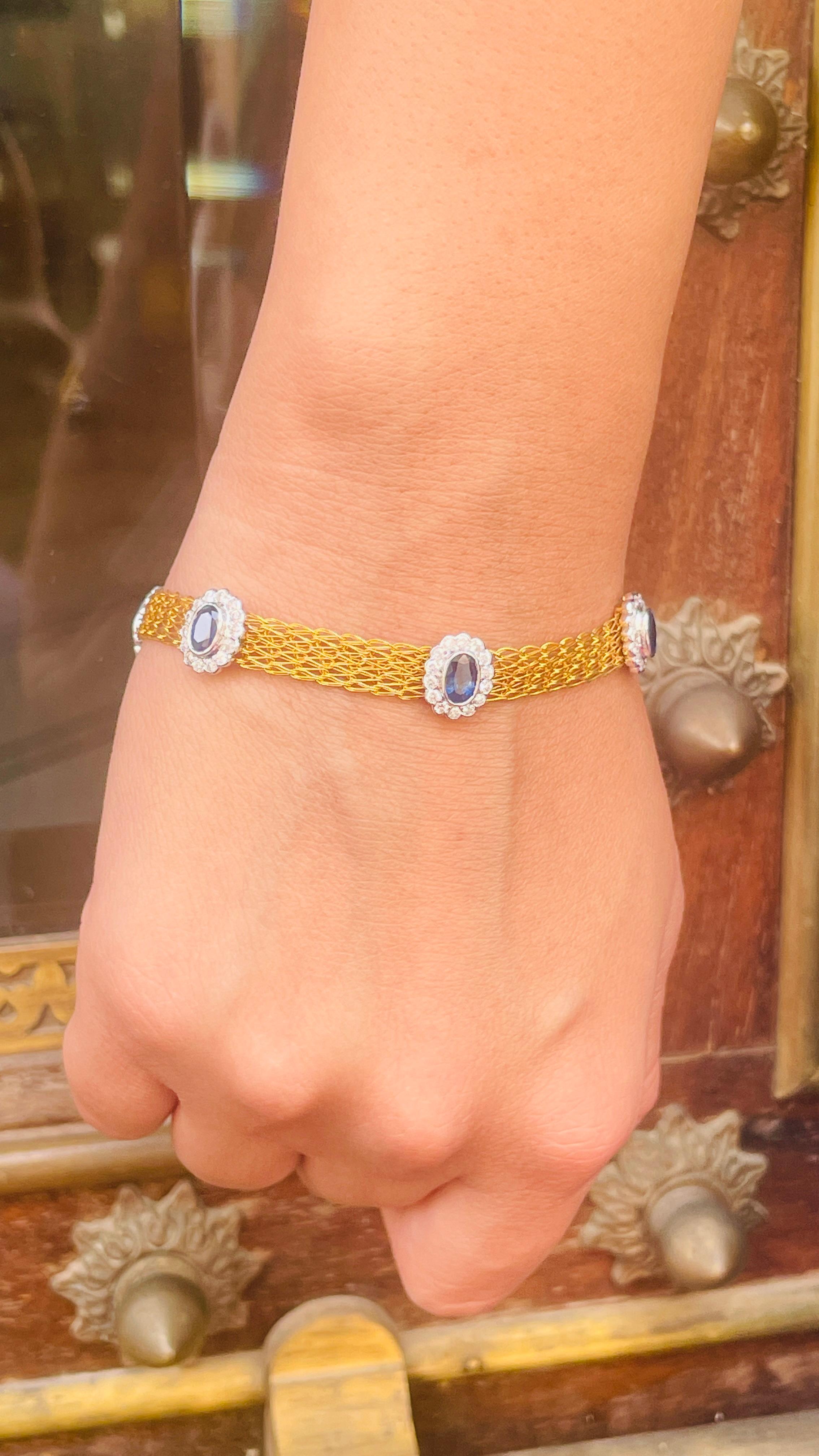 18K Yellow Gold Blue Sapphire Diamond Chain Bracelet For Sale 2
