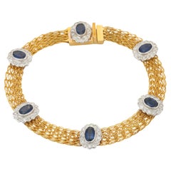 18K Yellow Gold Blue Sapphire Diamond Chain Bracelet