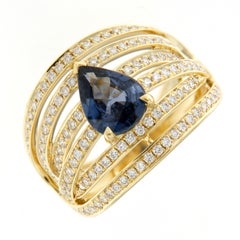 18K Yellow Gold Blue Sapphire Diamond Dress Ring