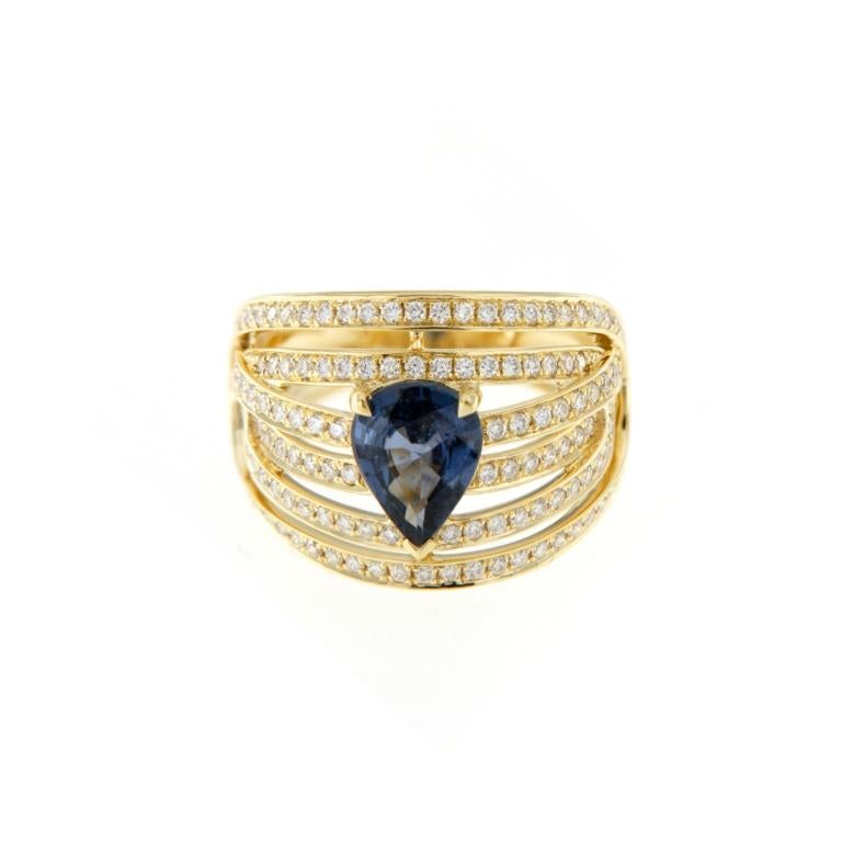 Moderno Anello con zaffiro blu e diamante in oro giallo 18 carati in vendita