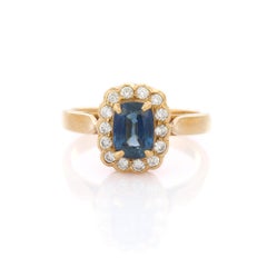 18K Yellow Gold Blue Sapphire Diamond Halo Ring Engagement Ring, Gift for Her