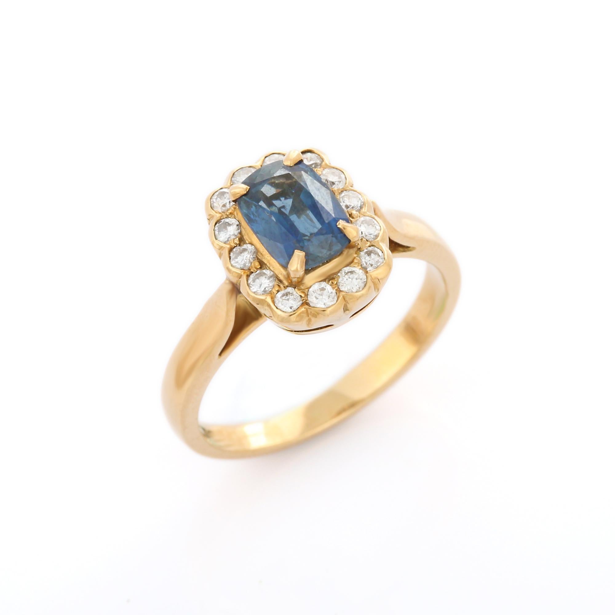 For Sale:  18K Yellow Gold Blue Sapphire Diamond Halo Ring Engagement Ring, Gift for Her 5