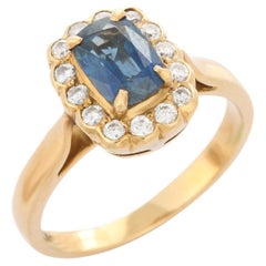 18K Yellow Gold Blue Sapphire Diamond Halo Ring Engagement Ring, Gift for Her