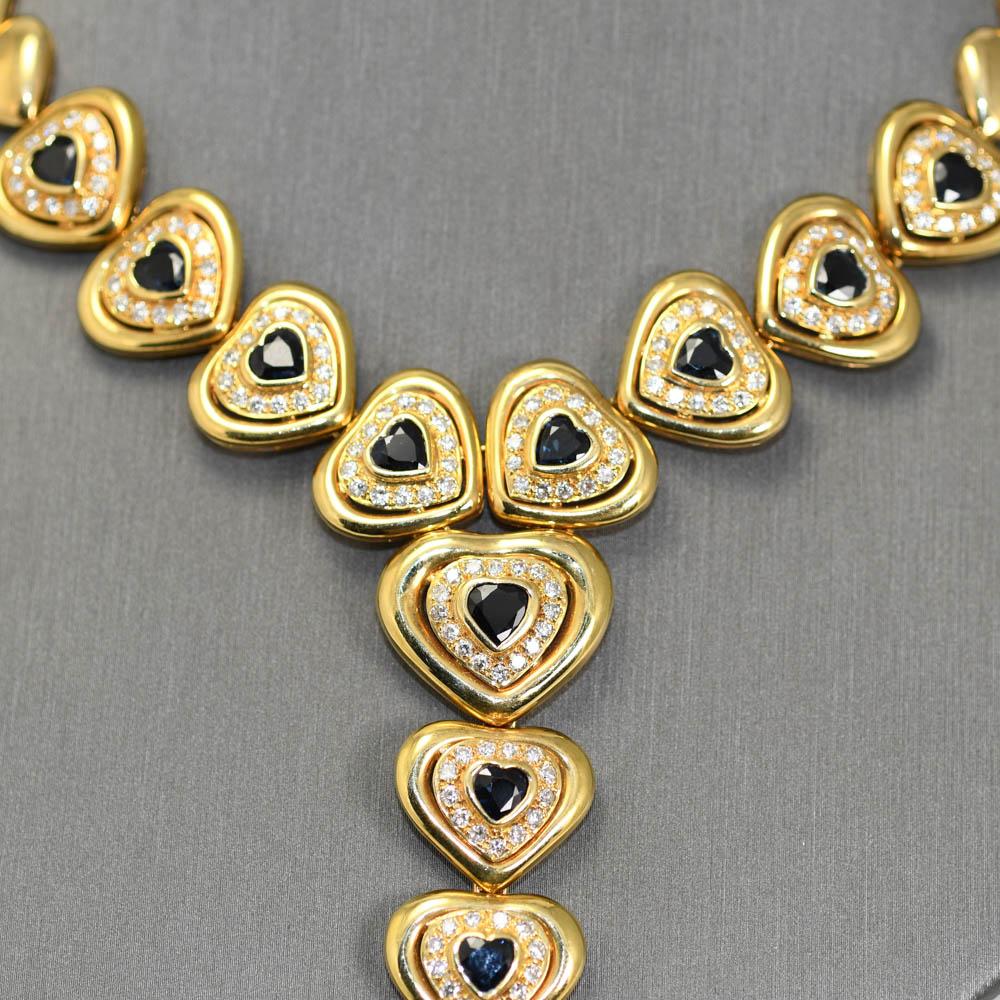 Brilliant Cut 18k Yellow Gold Blue Sapphire & Diamond Jewelry Set, Earring & Necklace 94.4g, 3 For Sale