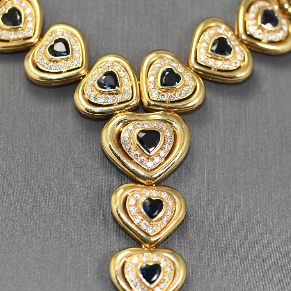 18k Yellow Gold Blue Sapphire & Diamond Jewelry Set, Earring & Necklace 94.4g, 3 In Excellent Condition For Sale In Laguna Beach, CA