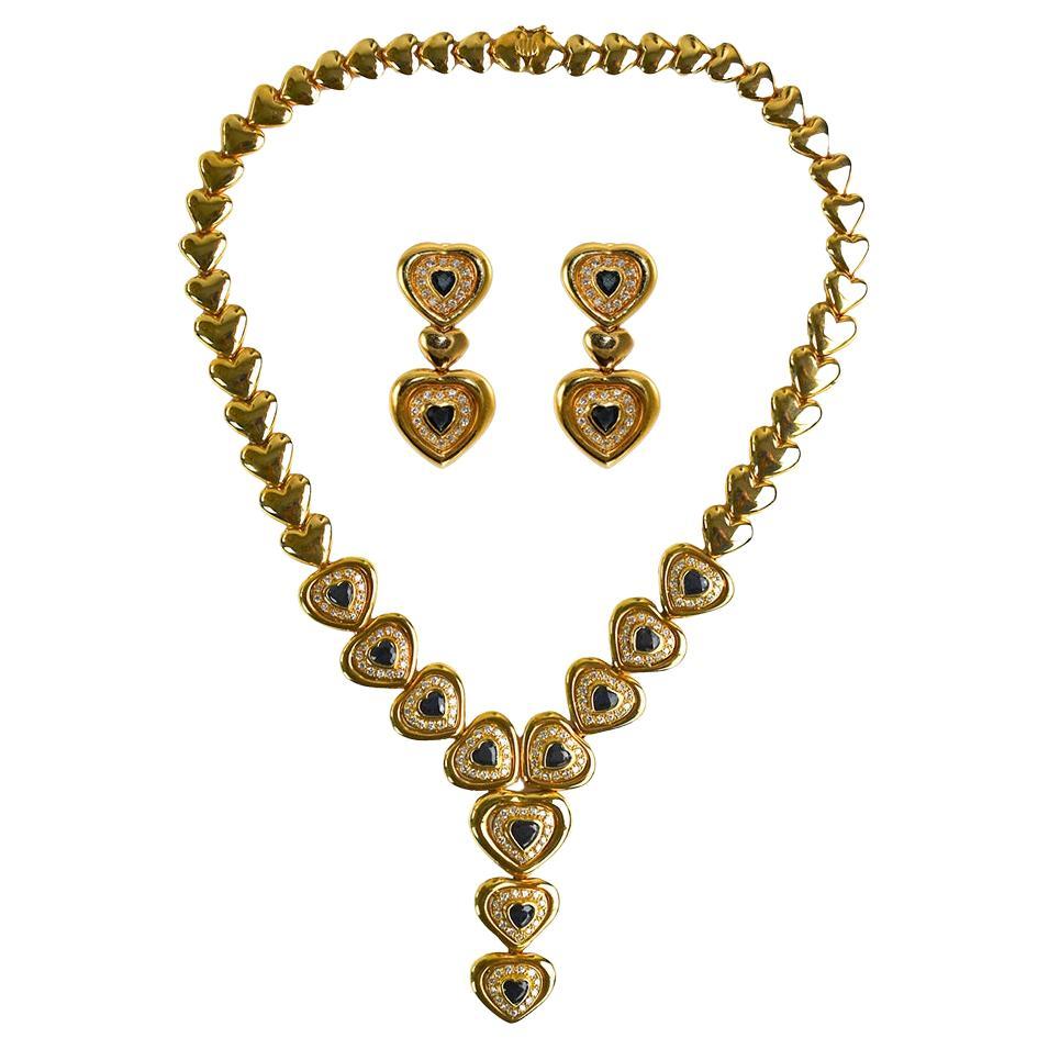 18K Yellow Gold Blue Sapphire & Diamond Jewelry Set For Sale