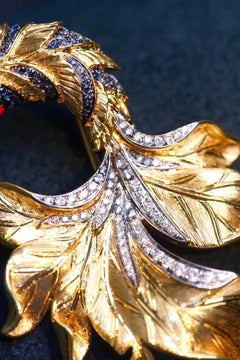 18K Yellow Gold Blue Sapphire & Diamond Koi Fish Brooch Pendant