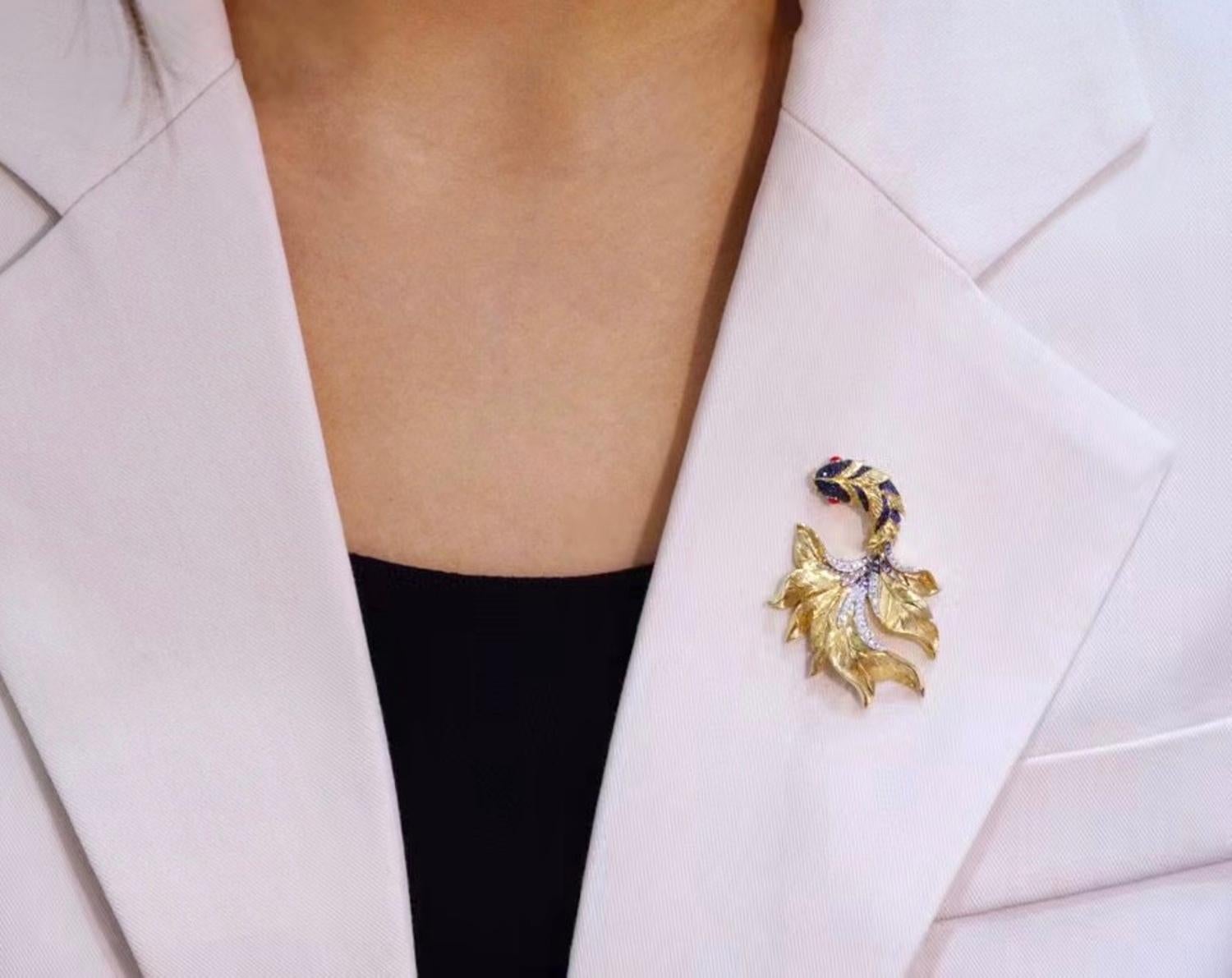 Modern 18K Yellow Gold Blue Sapphire & Diamond Koi Fish Brooch Pendant For Sale