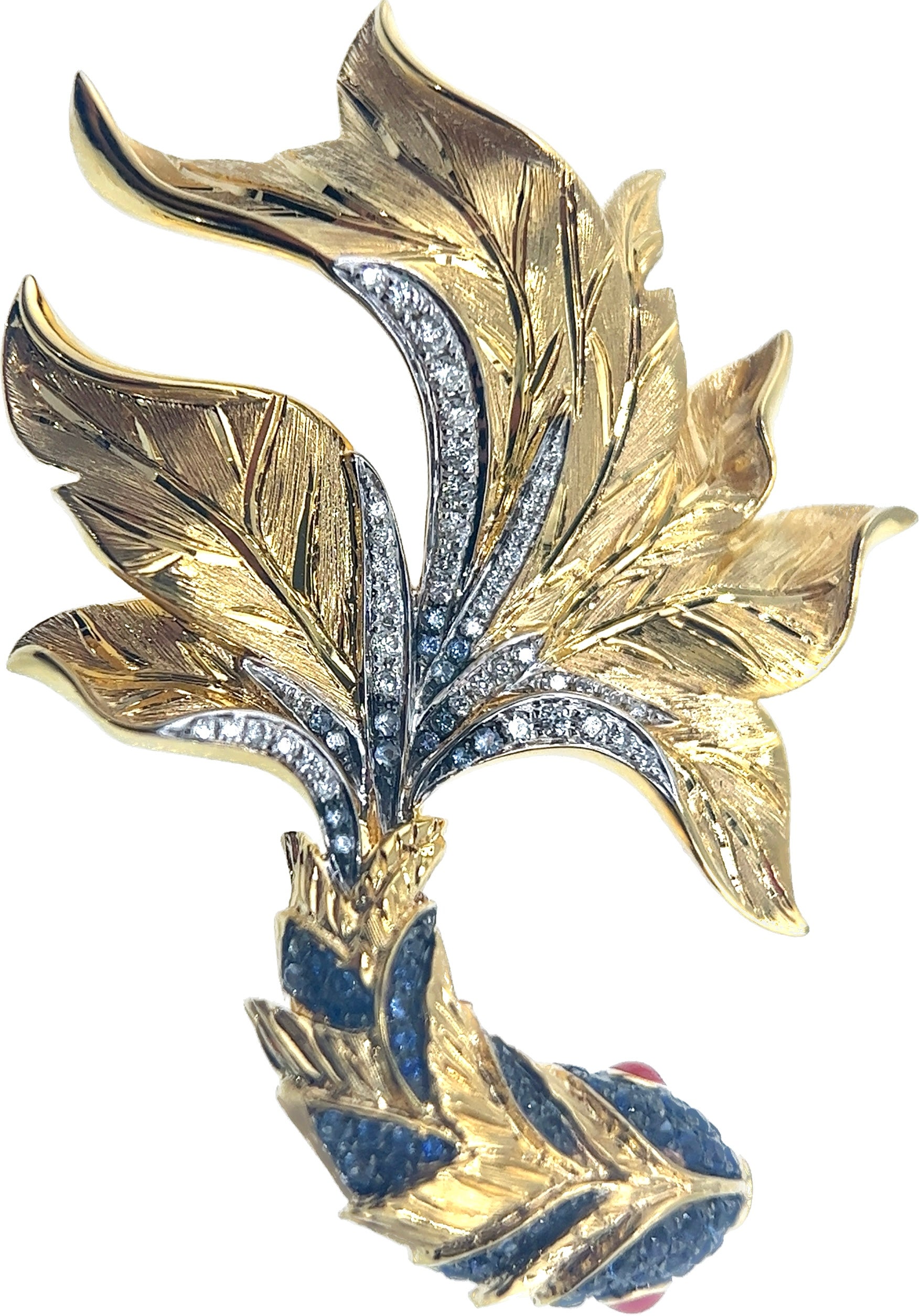Women's or Men's 18K Yellow Gold Blue Sapphire & Diamond Koi Fish Brooch Pendant For Sale