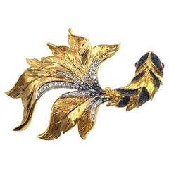 18K Yellow Gold Blue Sapphire & Diamond Koi Fish Brooch Pendant