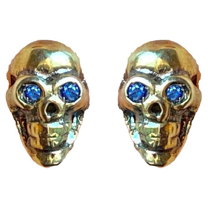 Victorian 18K Yellow Gold Blue Sapphire Eyes Skelton Rock Stud Man Earrings For Sale
