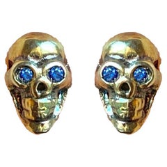 Victorian 18K Yellow Gold Blue Sapphire Eyes Skelton Rock Stud Man Earrings