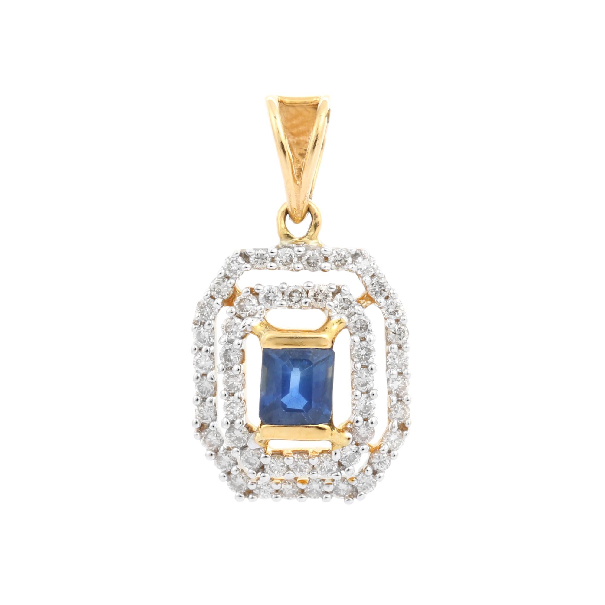 Modern 18K Yellow Gold Blue Sapphire Halo Pendant with Diamonds For Sale