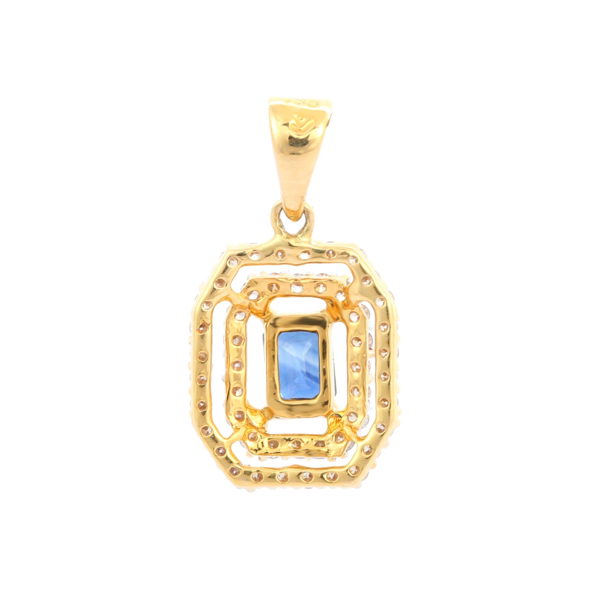 Octagon Cut 18K Yellow Gold Blue Sapphire Halo Pendant with Diamonds For Sale