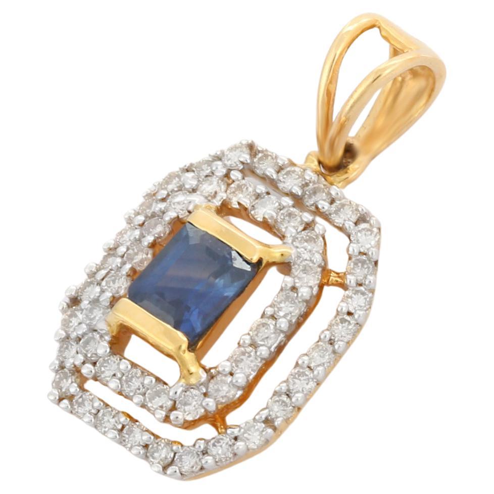 18K Yellow Gold Blue Sapphire Halo Pendant with Diamonds For Sale