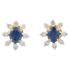 18K Yellow Gold Blue Sapphire Stud Earrings with Diamonds