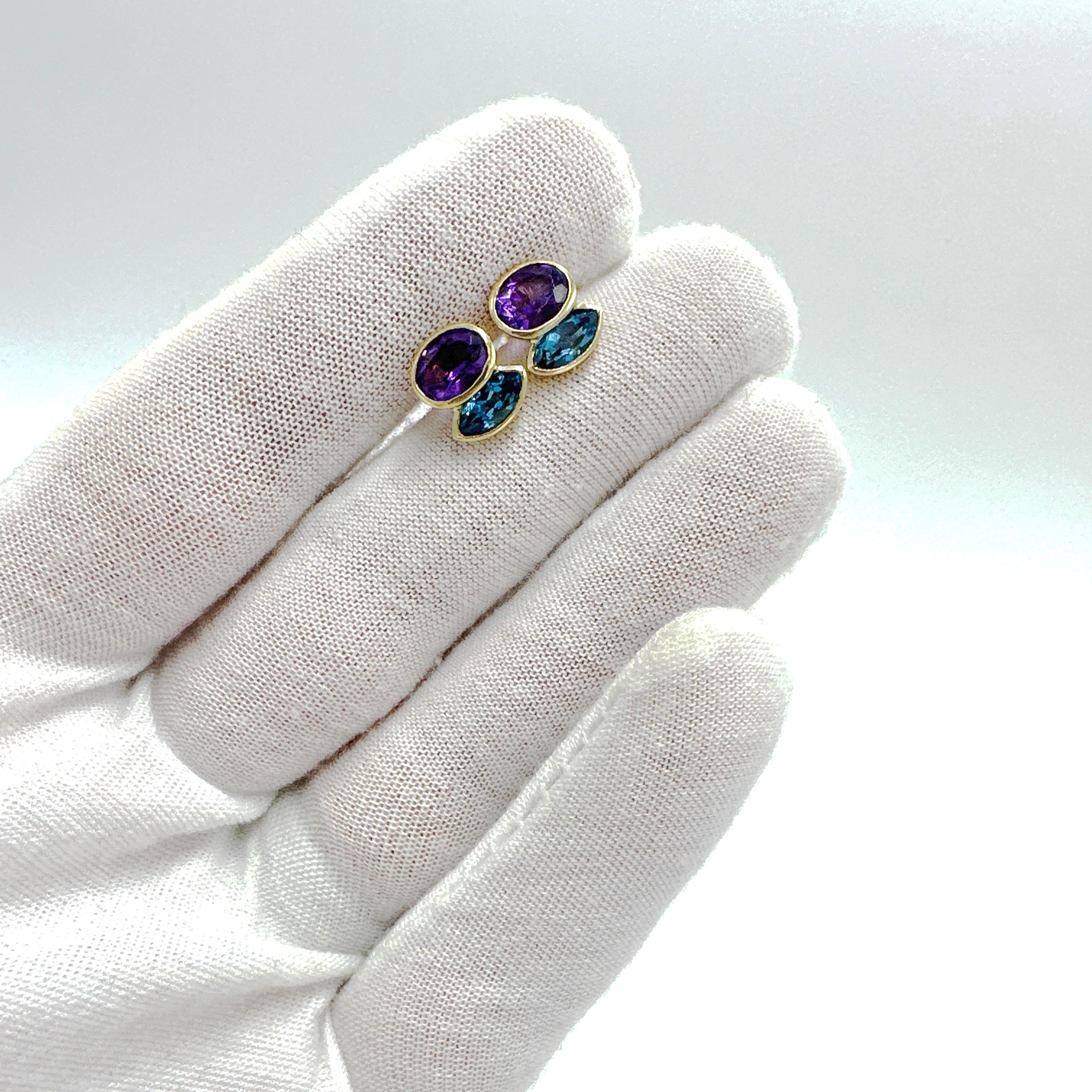 18k Yellow Gold Blue Topaz and Amethyst Quartz Earrings. 4.52TCW. In Good Condition For Sale In Victoria, BC