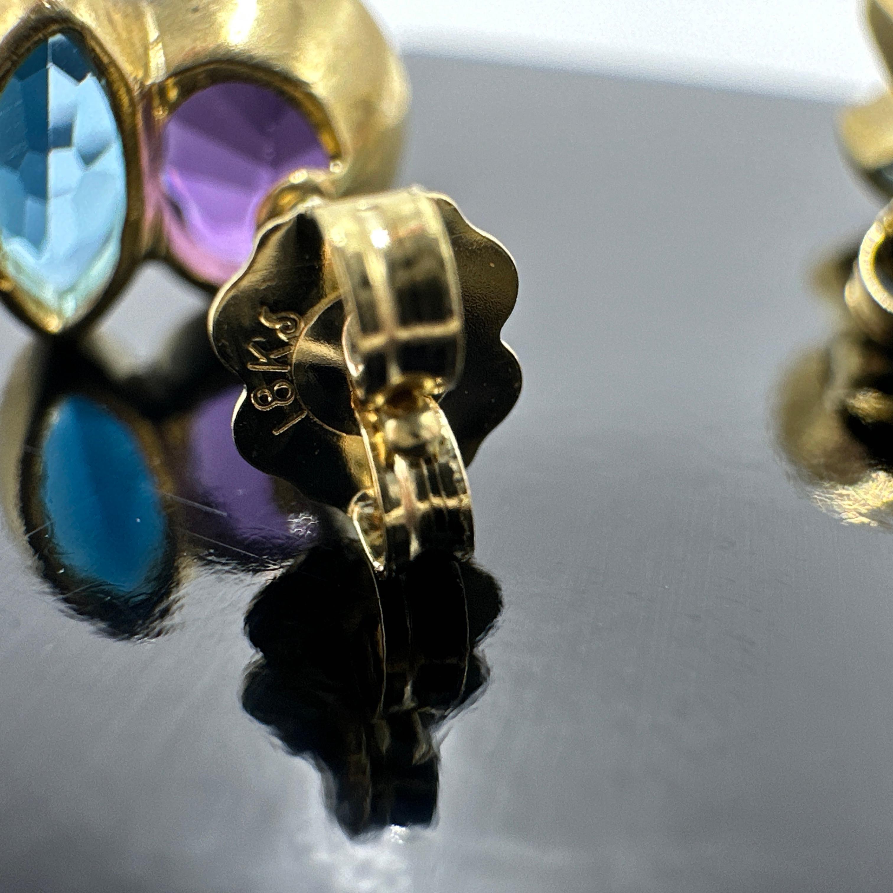 Women's 18k Yellow Gold Blue Topaz and Amethyst Quartz Earrings. 4.52TCW. For Sale