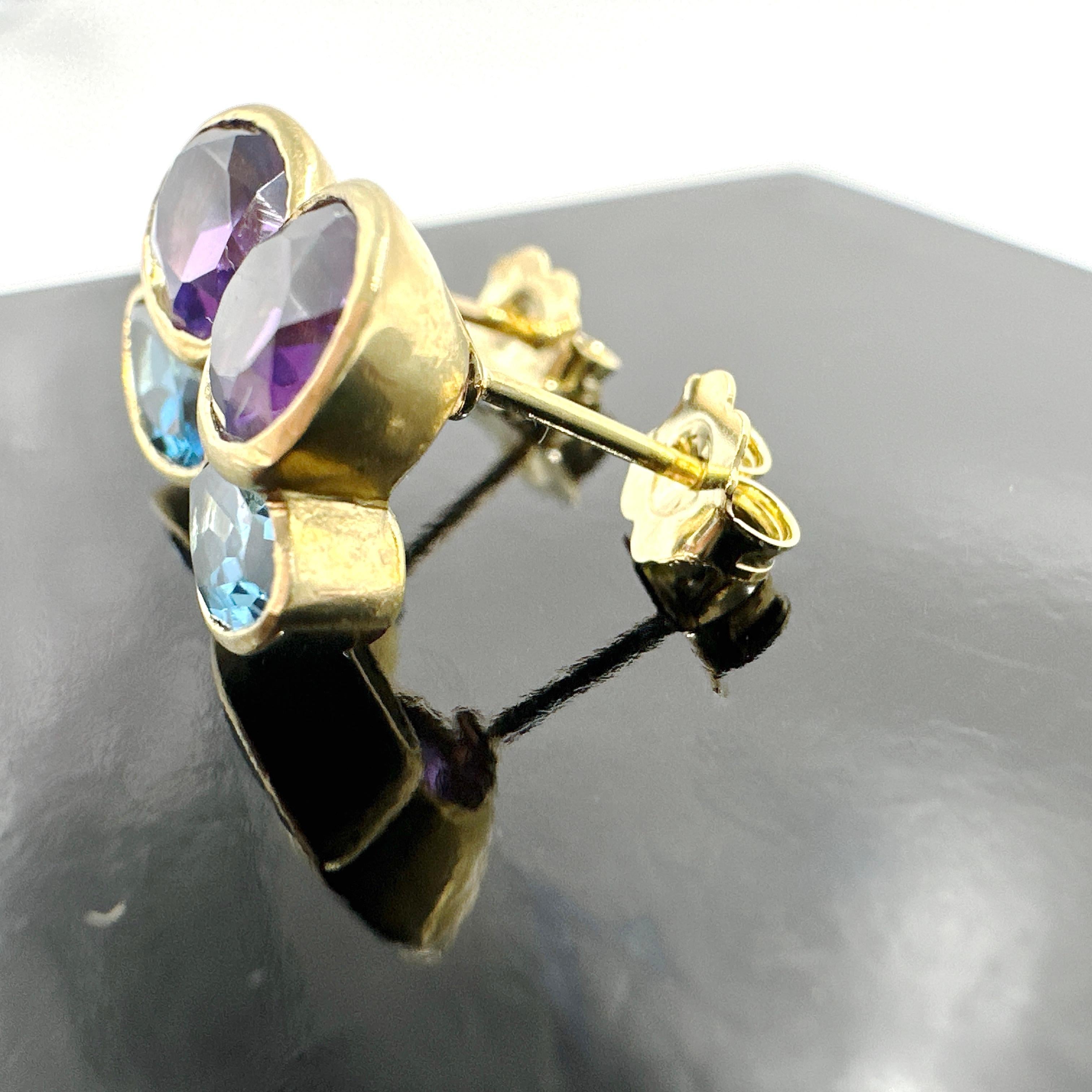 18k Yellow Gold Blue Topaz and Amethyst Quartz Earrings. 4.52TCW. For Sale 2