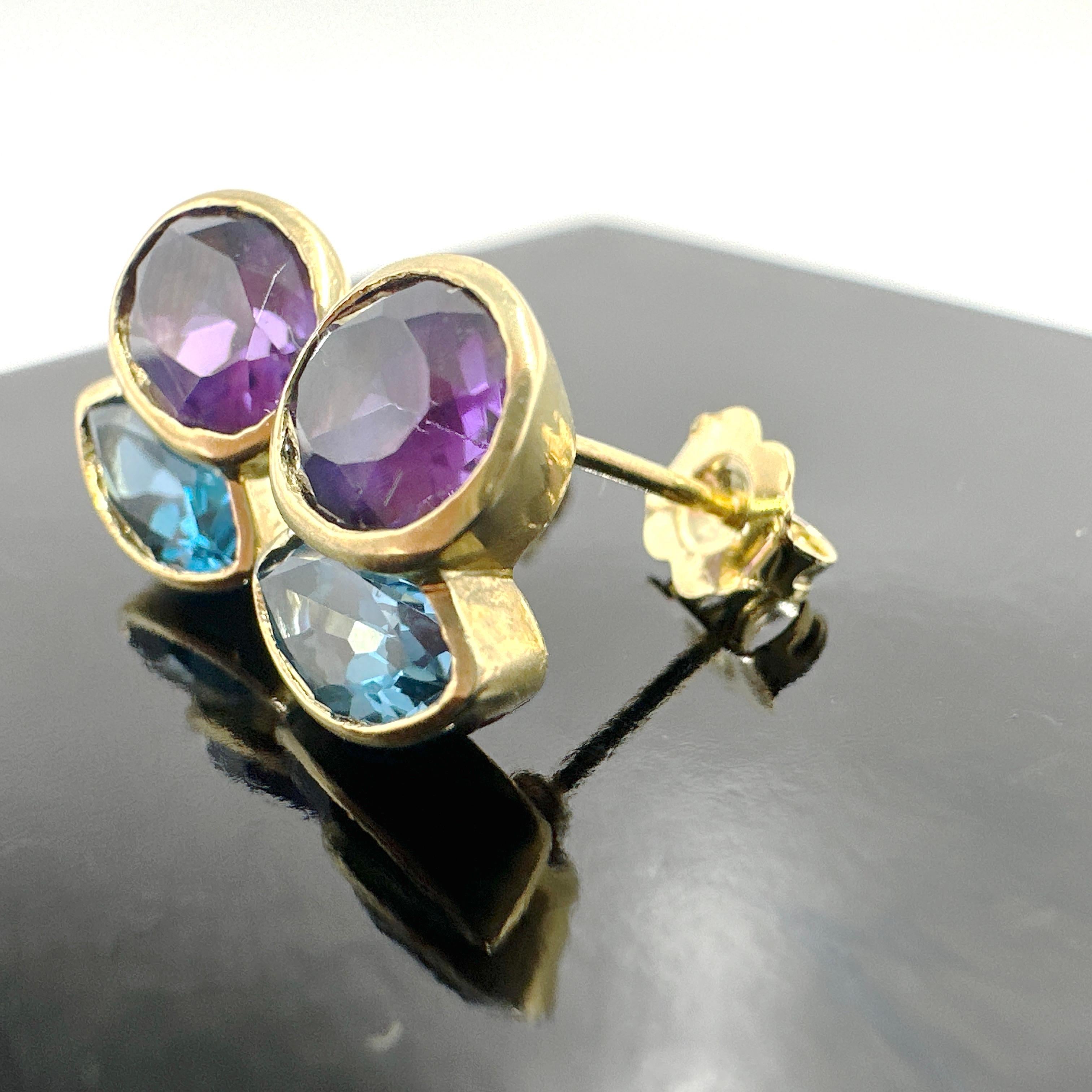 18k Yellow Gold Blue Topaz and Amethyst Quartz Earrings. 4.52TCW. For Sale 3