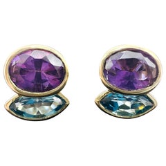 18 Karat Gelbgold Ohrringe mit blauem Topas und Amethystquarz. 4,52TCW.