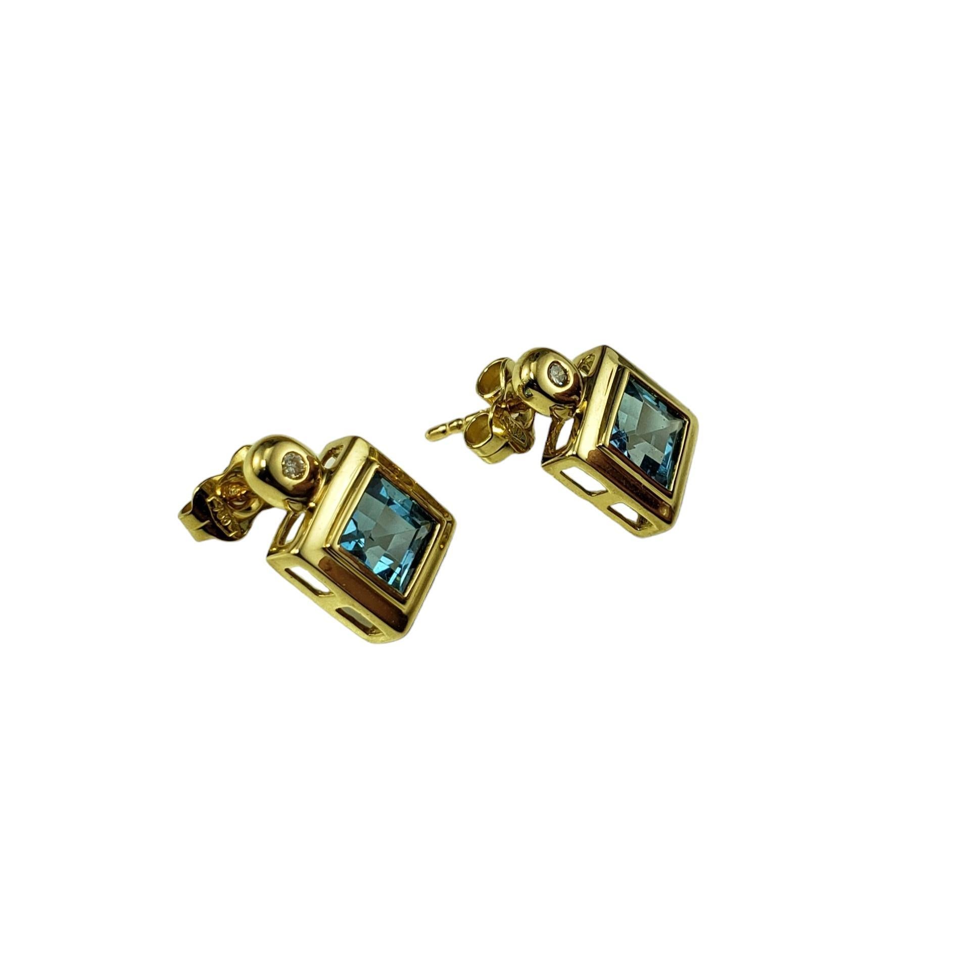 Square Cut 18K Yellow Gold Blue Topaz and Diamond Earrings JAGi Certified #16619