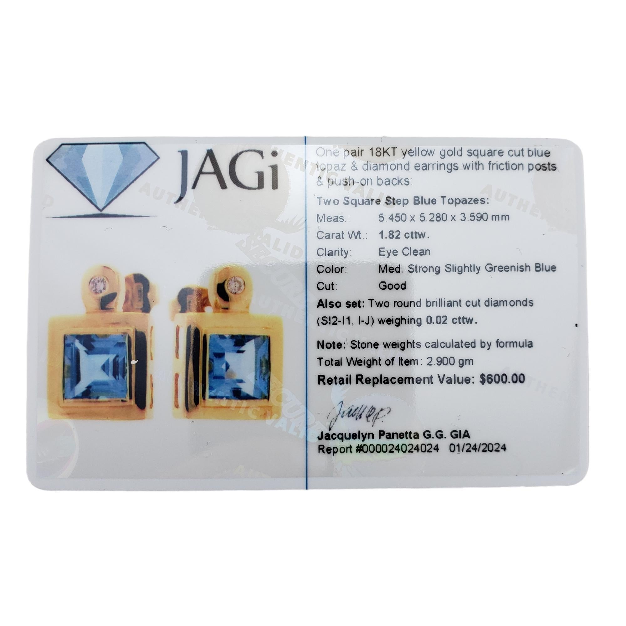 18K Yellow Gold Blue Topaz and Diamond Earrings JAGi Certified #16619 3