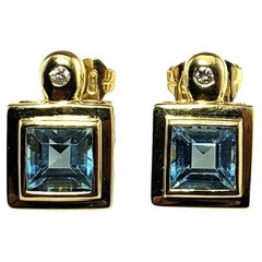 18K Yellow Gold Blue Topaz and Diamond Earrings JAGi Certified #16619