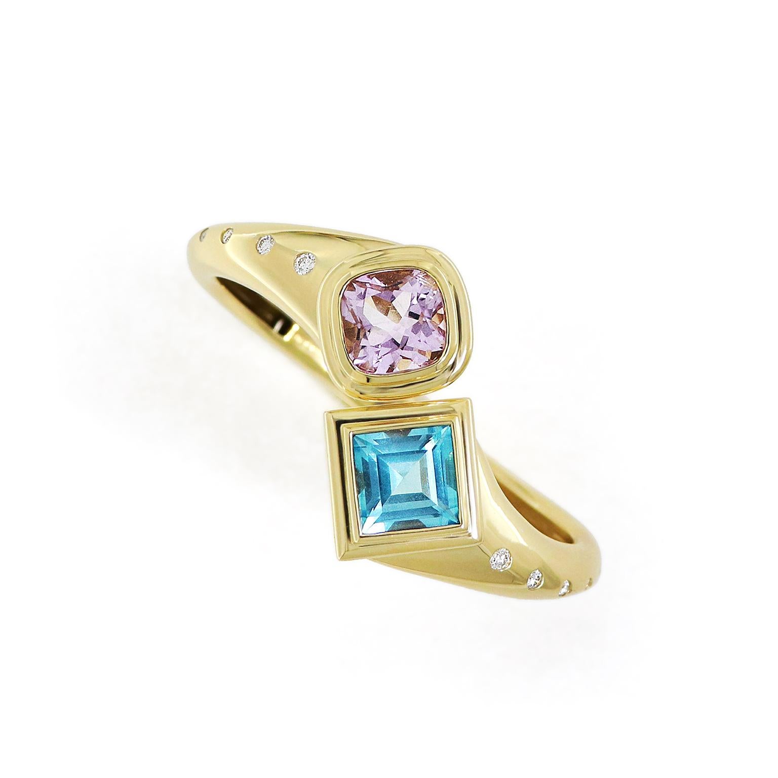 Cushion Cut 18K Yellow Gold Blue Topaz and Kunzite Bangle Bracelet with Diamond Accents For Sale