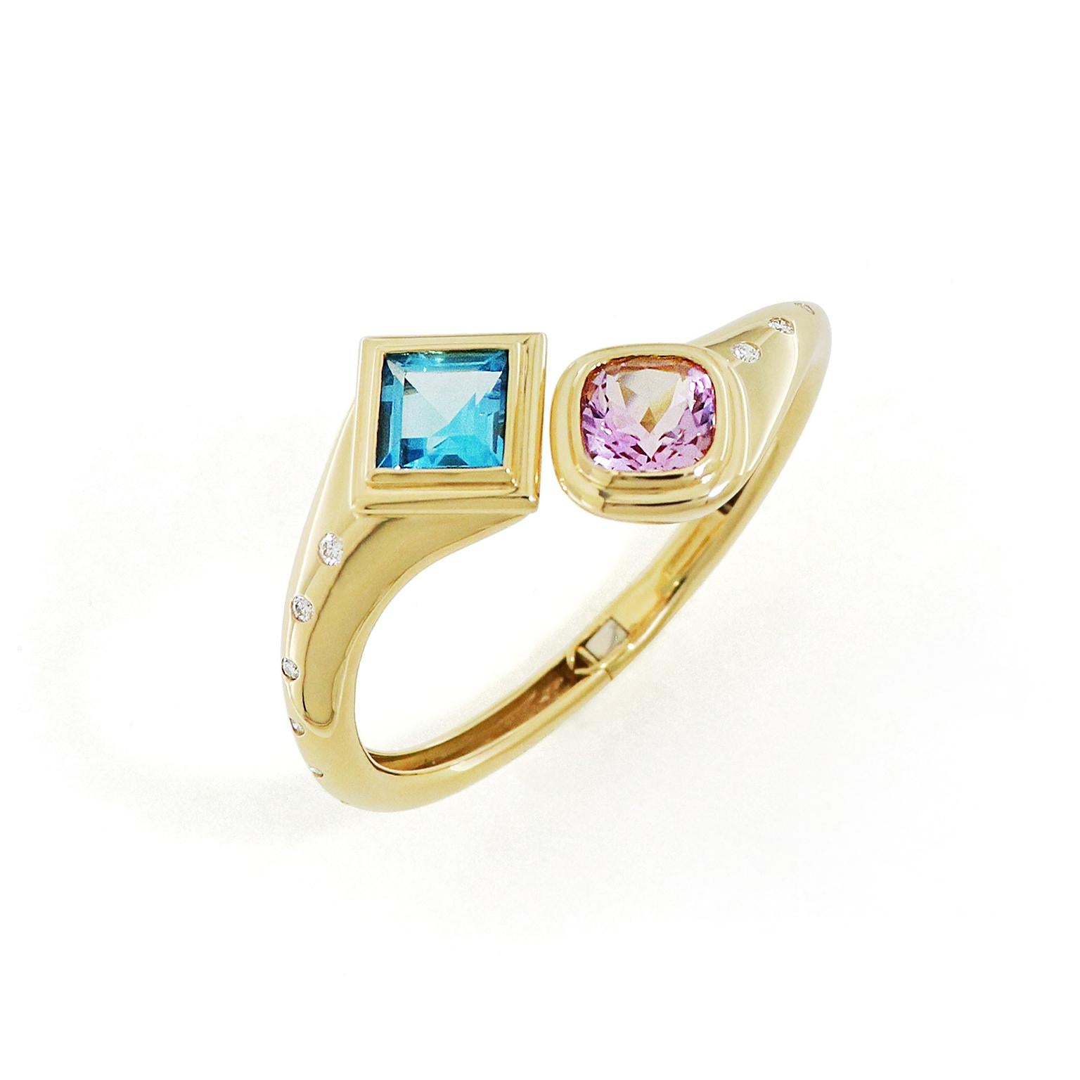 18K Yellow Gold Blue Topaz and Kunzite Bangle Bracelet with Diamond Accents In New Condition For Sale In New York, NY