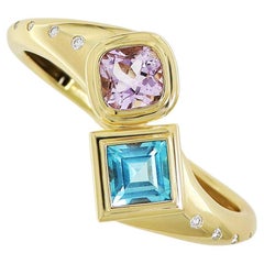 18K Yellow Gold Blue Topaz and Kunzite Bangle Bracelet with Diamond Accents