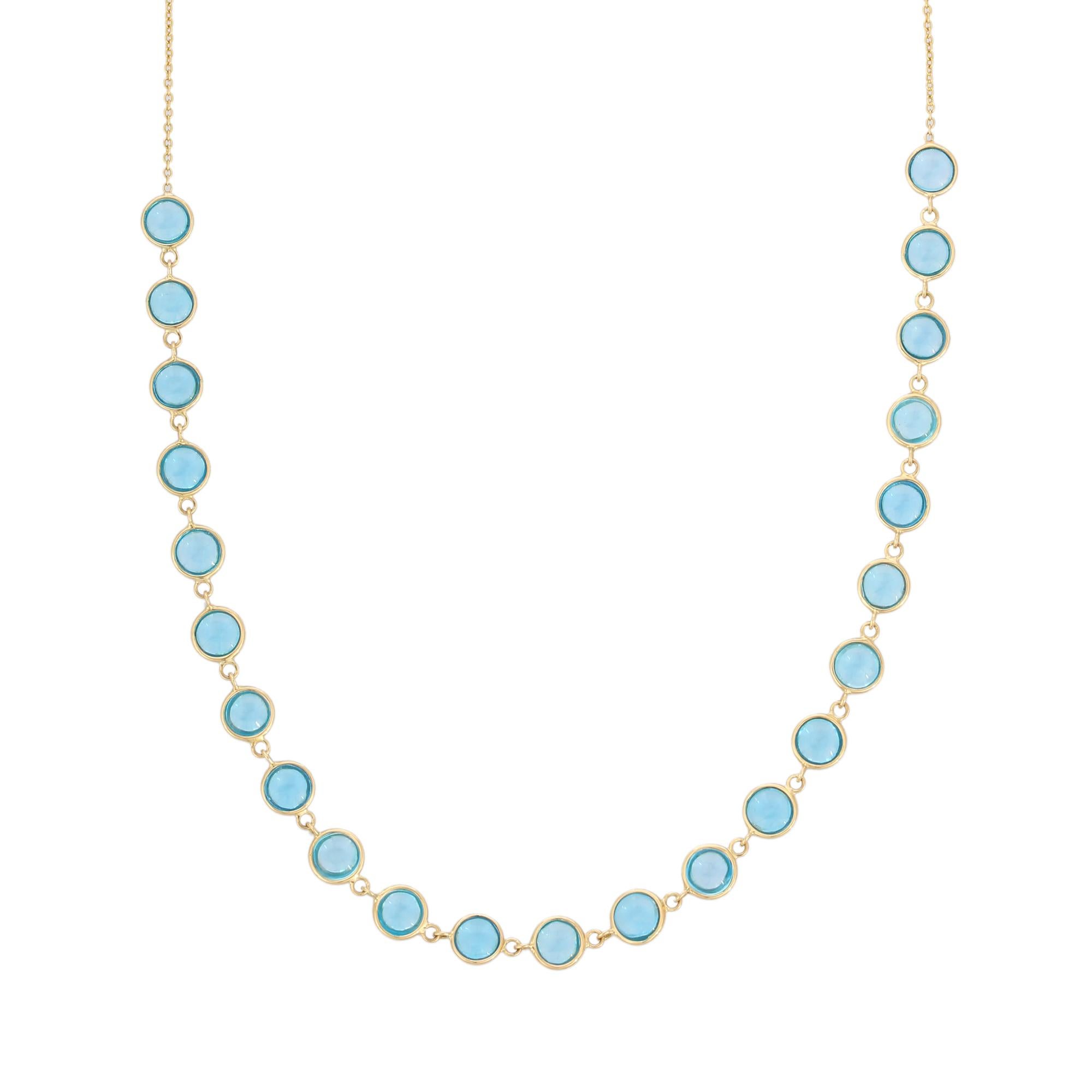 Blue Topaz Necklace in 18K Gold studded with round cut topaz pieces.
Accessorize your look with this elegant blue topaz beaded necklace. This stunning piece of jewelry instantly elevates a casual look or dressy outfit. Comfortable and easy to wear,