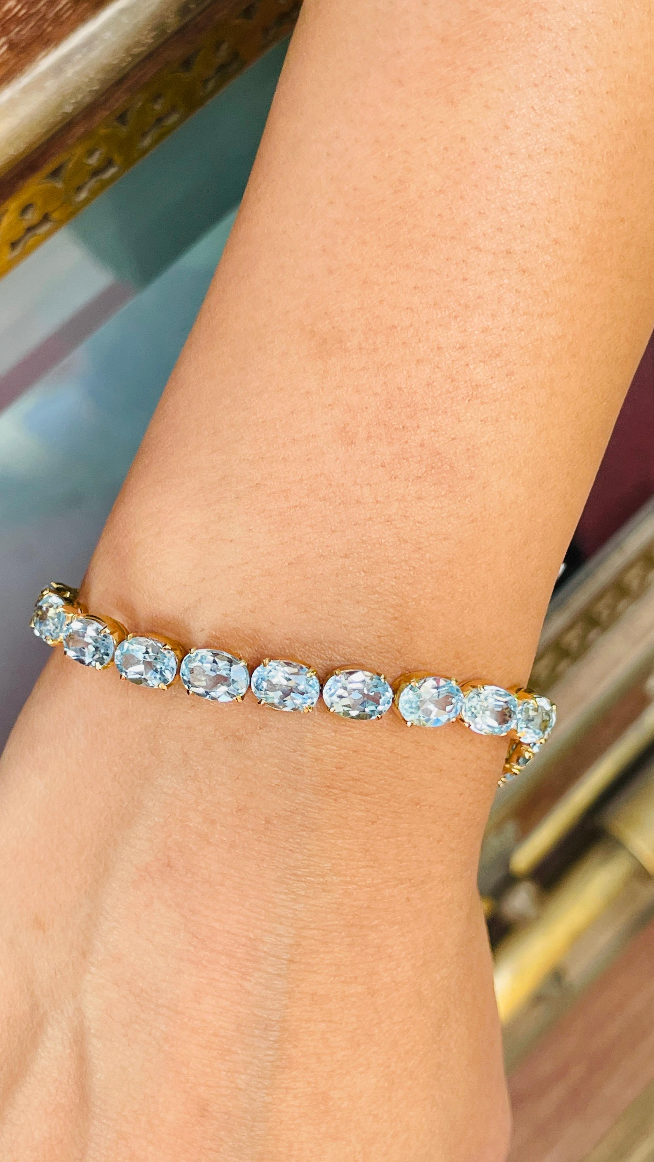 18kt Solid Yellow Gold 28.5 Carats Faceted Blue Topaz Gemstone Tennis Bracelet For Sale 1