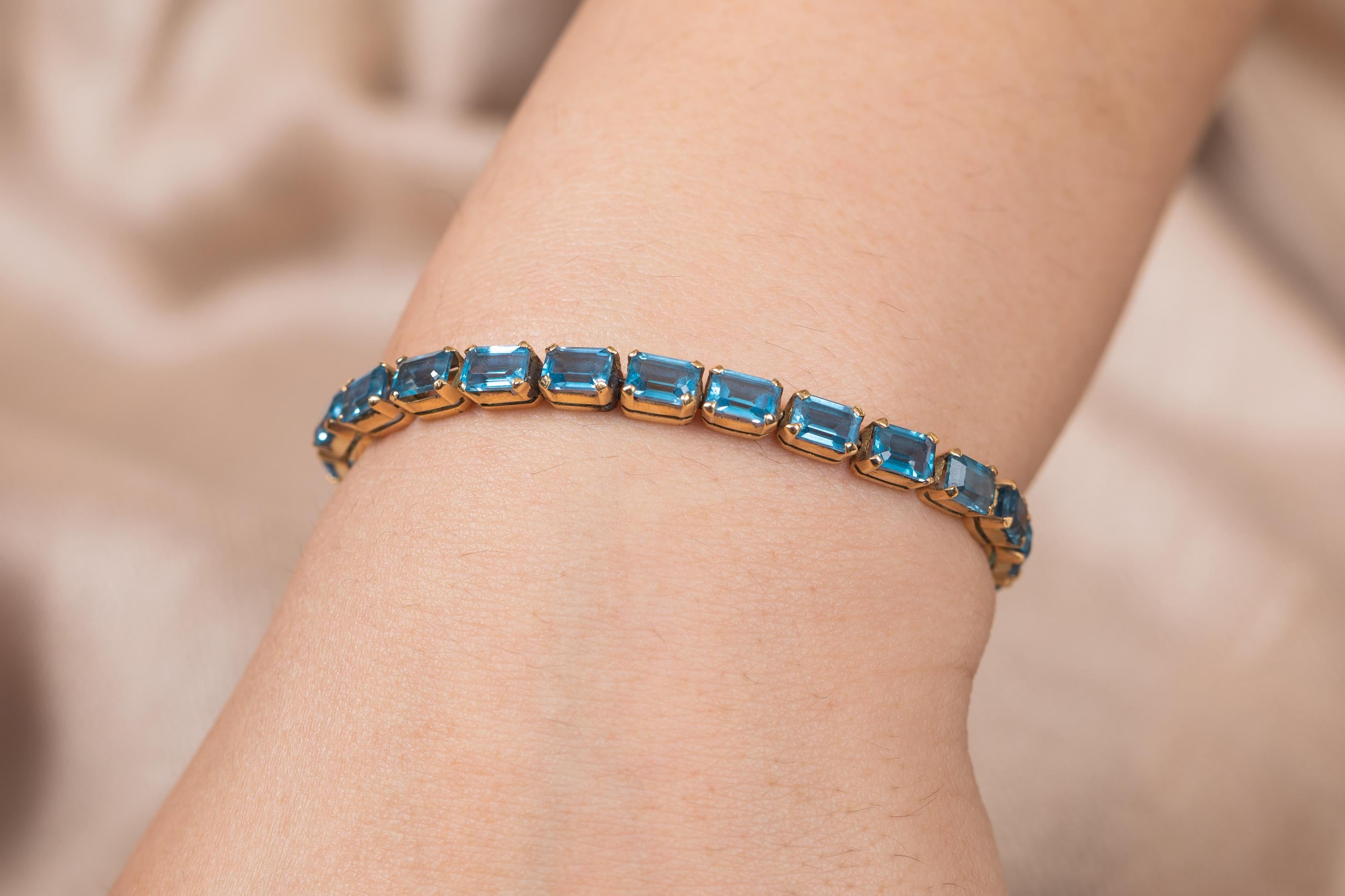 Moderno Bracciale tennis in oro giallo massiccio 18k taglio ottagono 18,5 carati Topazio Blu Regalo